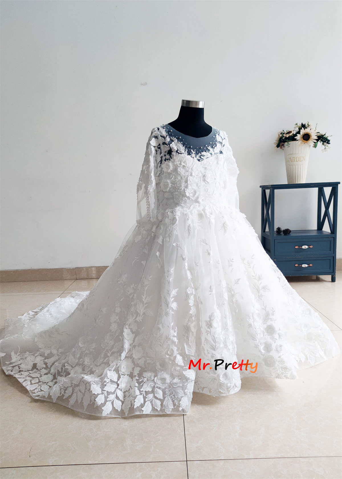 White  3D Lace Flower Girl Dress/Girls Communion Dress