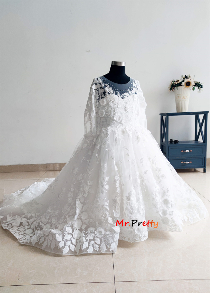 White  3D Lace Flower Girl Dress/Girls Communion Dress