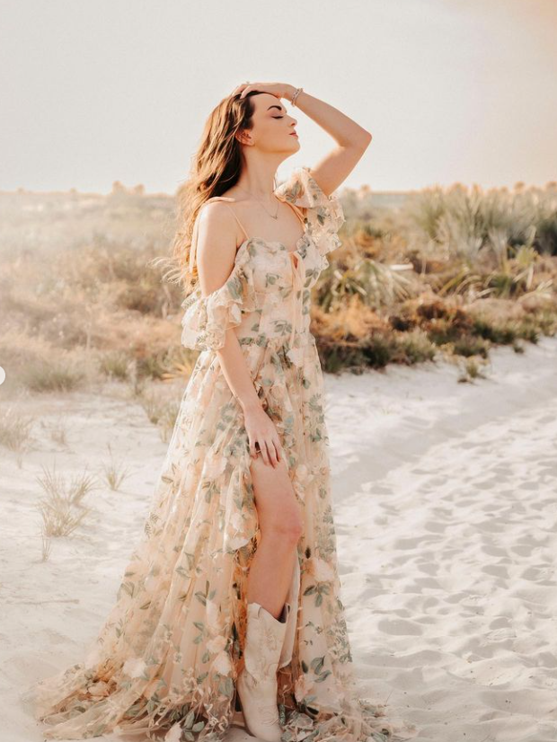 Green Floral Lace Tulle Slit Babyshower Dress/PhotoShoot Dress