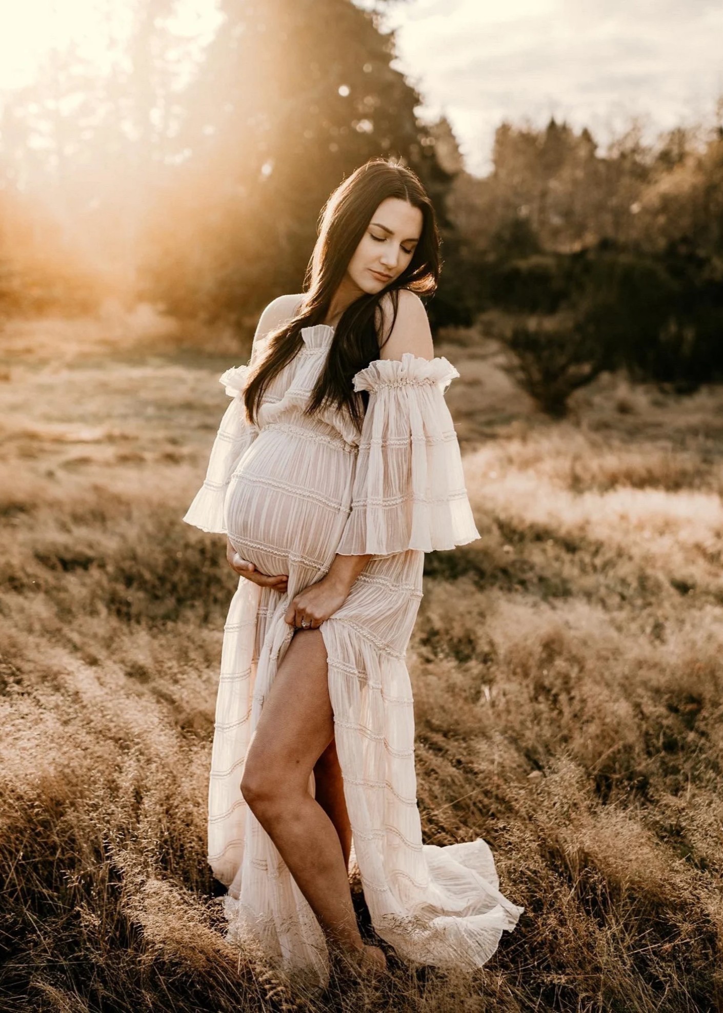 Two Piece Chiffon Ruffle Photoshoot Dress Maternity Wedding Dress
