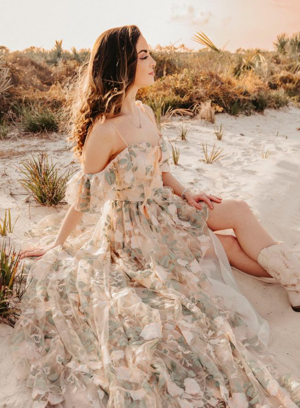 Green Floral Lace Tulle Slit Babyshower Dress/PhotoShoot Dress