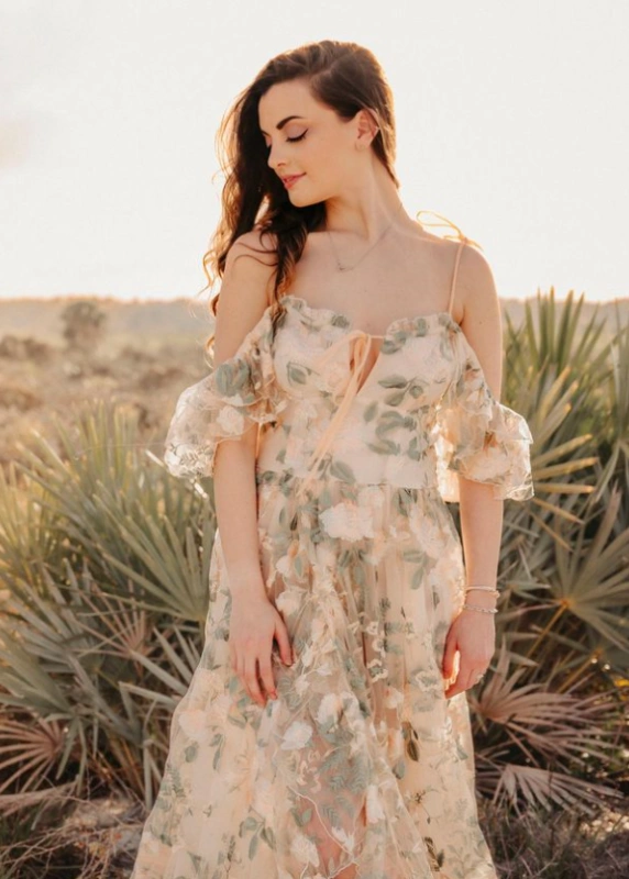 Green Floral Lace Tulle Slit Babyshower Dress/PhotoShoot Dress