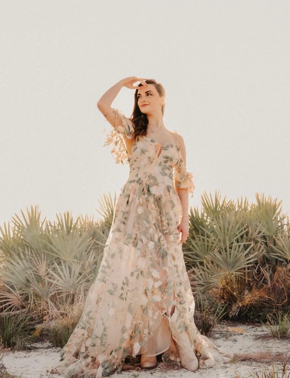 Green Floral Lace Tulle Slit Babyshower Dress/PhotoShoot Dress