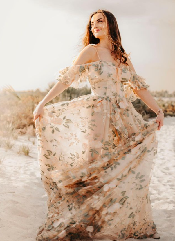 Green Floral Lace Tulle Slit Babyshower Dress/PhotoShoot Dress