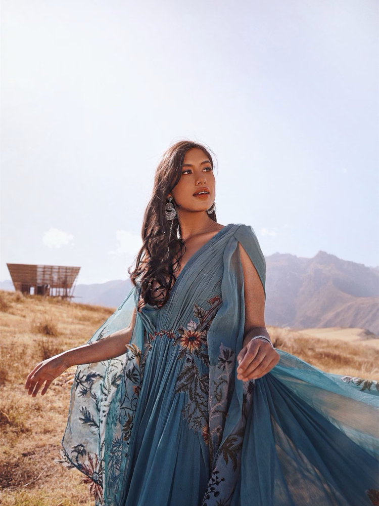 Teal Floral Chiffon Wedding Party Dress/Photoshoot Dress