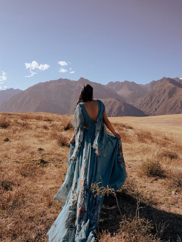 Teal Floral Chiffon Wedding Party Dress/Photoshoot Dress