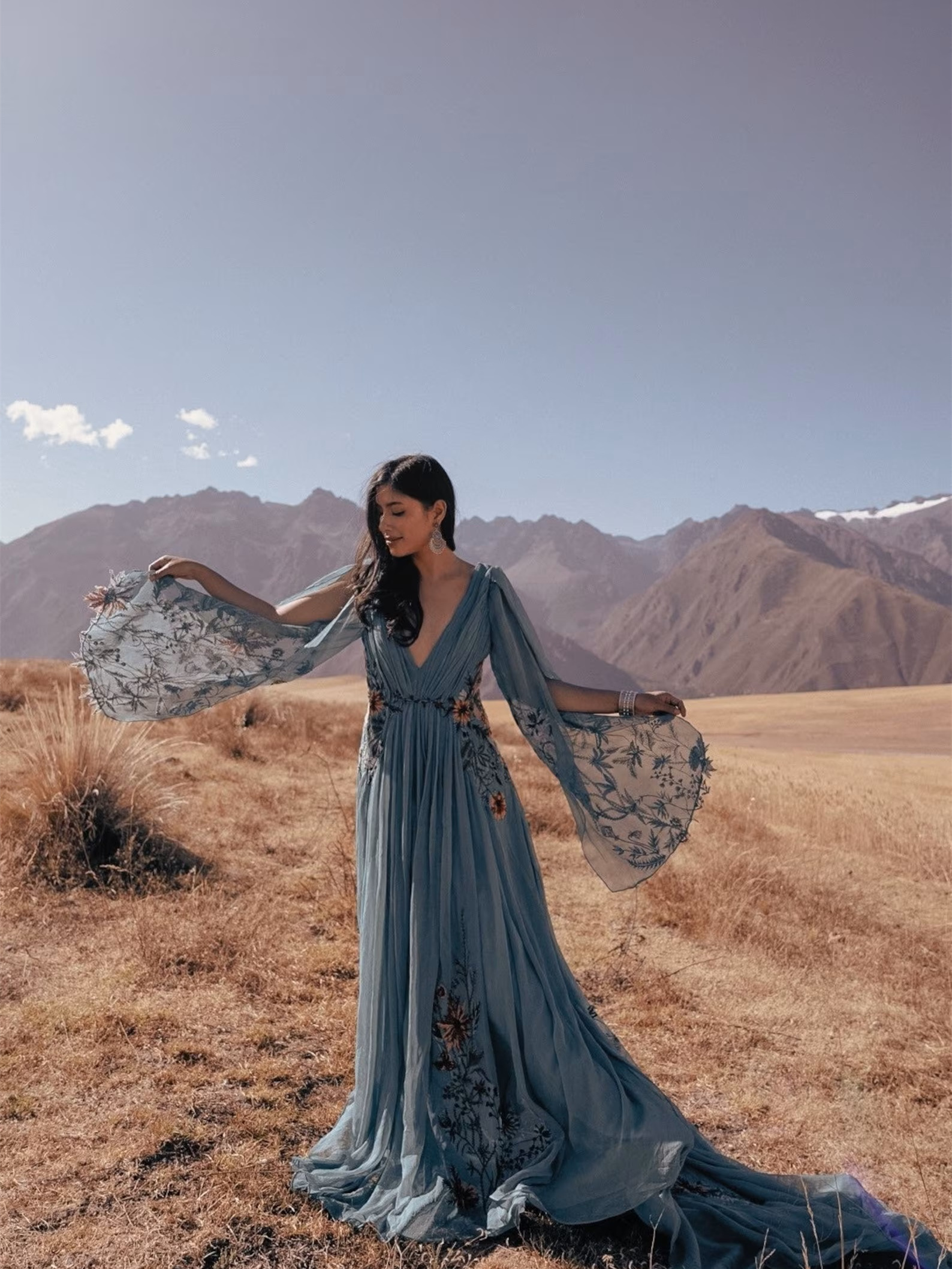 Teal Floral Chiffon Wedding Party Dress/Photoshoot Dress