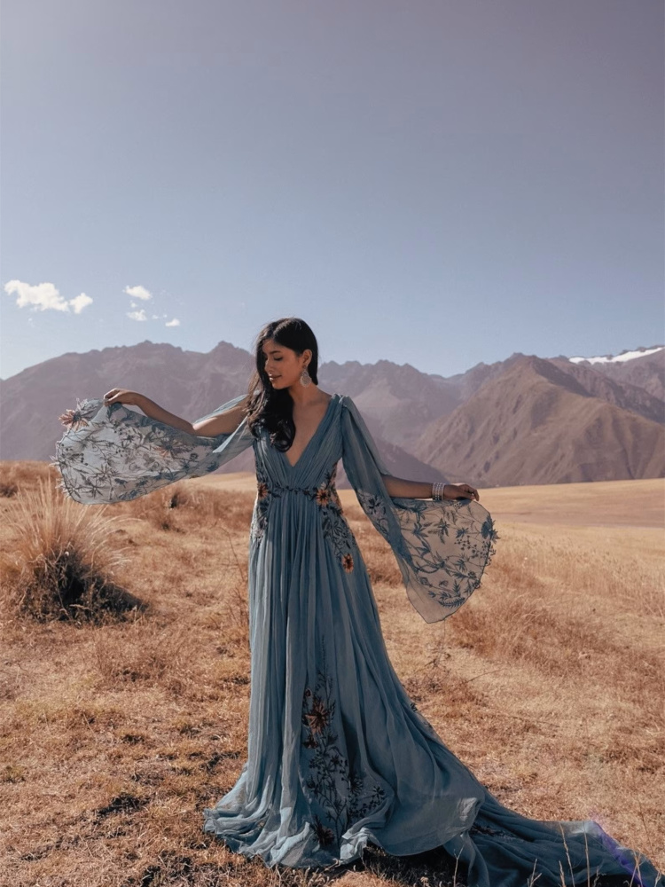 Teal Floral Chiffon Wedding Party Dress/Photoshoot Dress