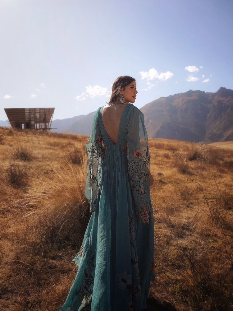 Teal Floral Chiffon Wedding Party Dress/Photoshoot Dress