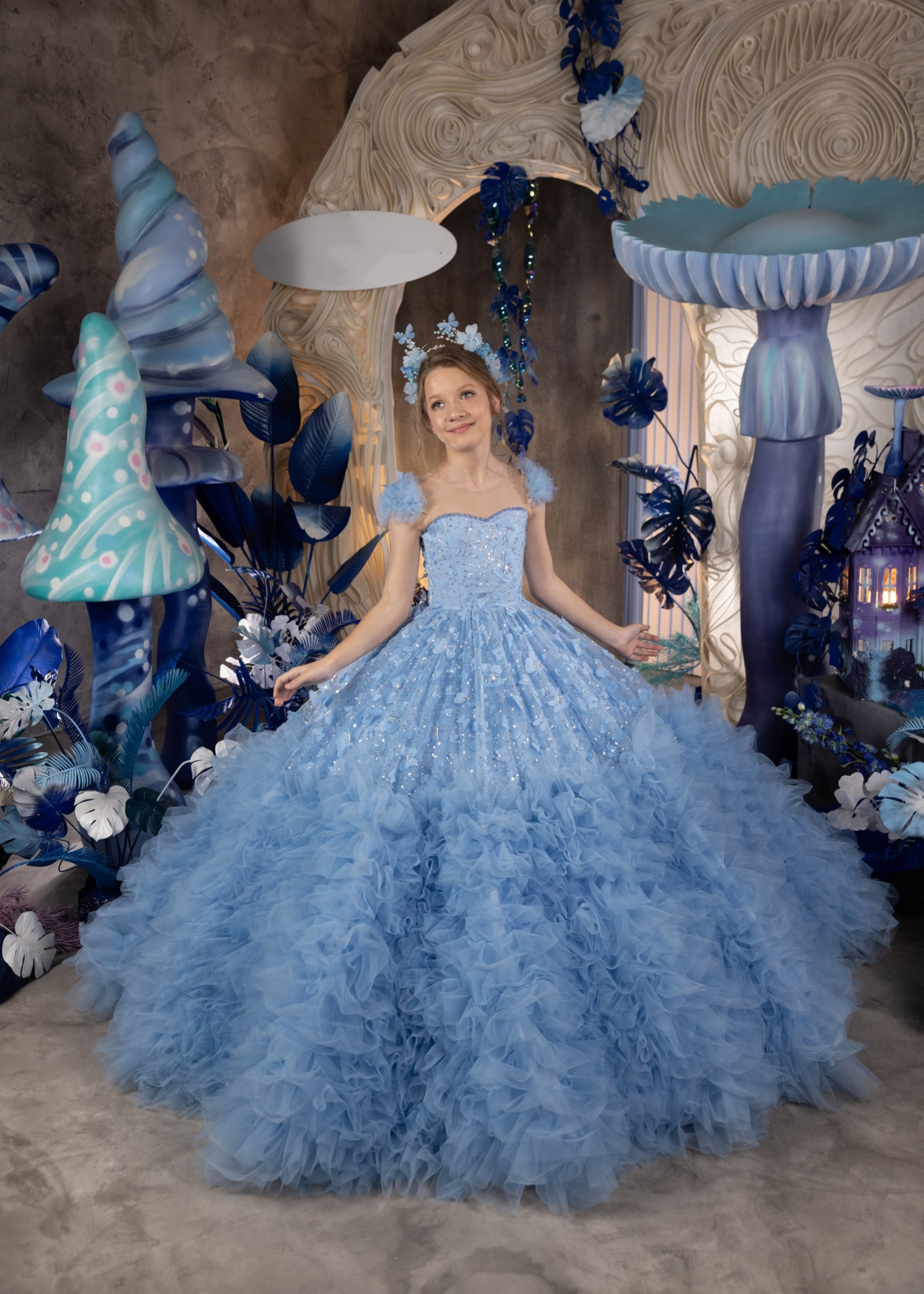 Blue Ruffled Tulle Pageant Dress/Girls Party Dress