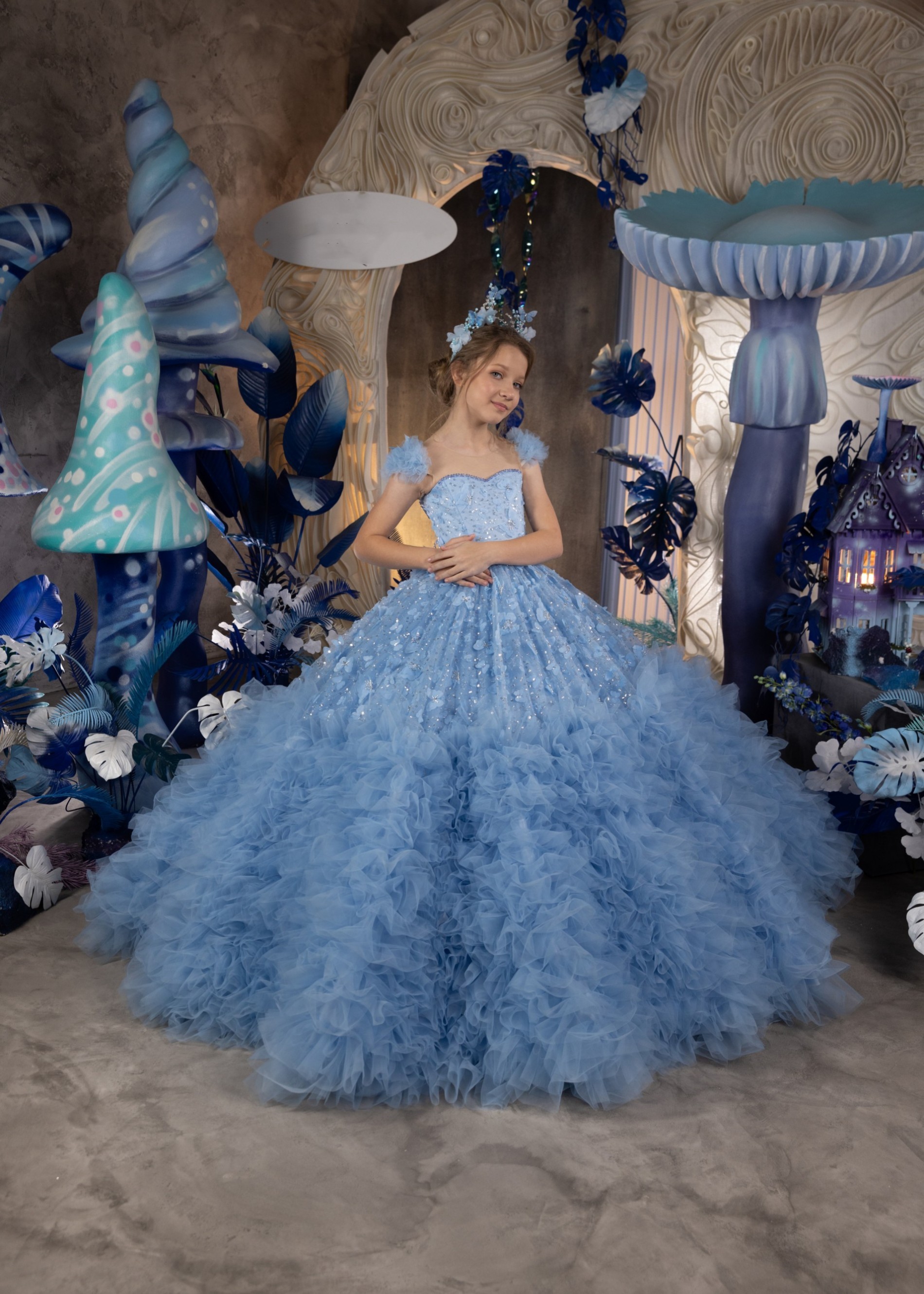 Blue Ruffled Tulle Pageant Dress/Girls Party Dress