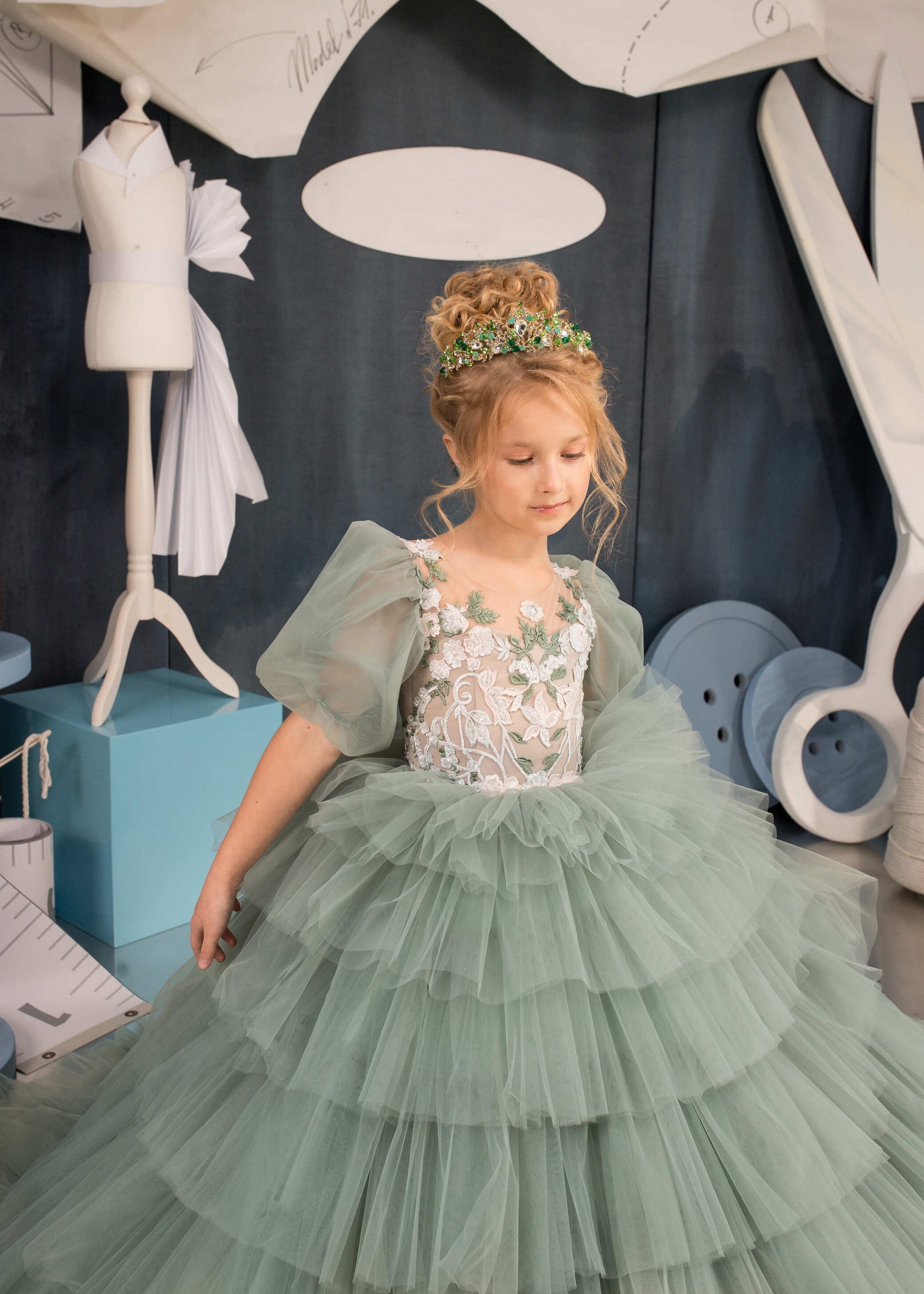 Dusty Green Floral Lace Pageant Dress/Girls Party Dress