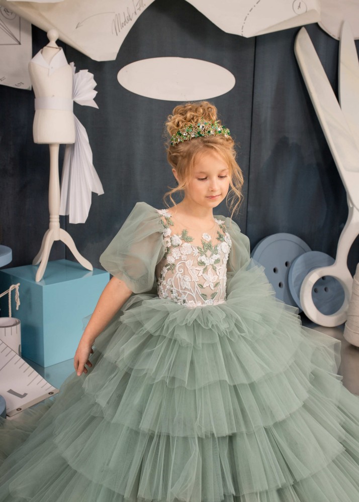 Dusty Green Floral Lace Pageant Dress/Girls Party Dress
