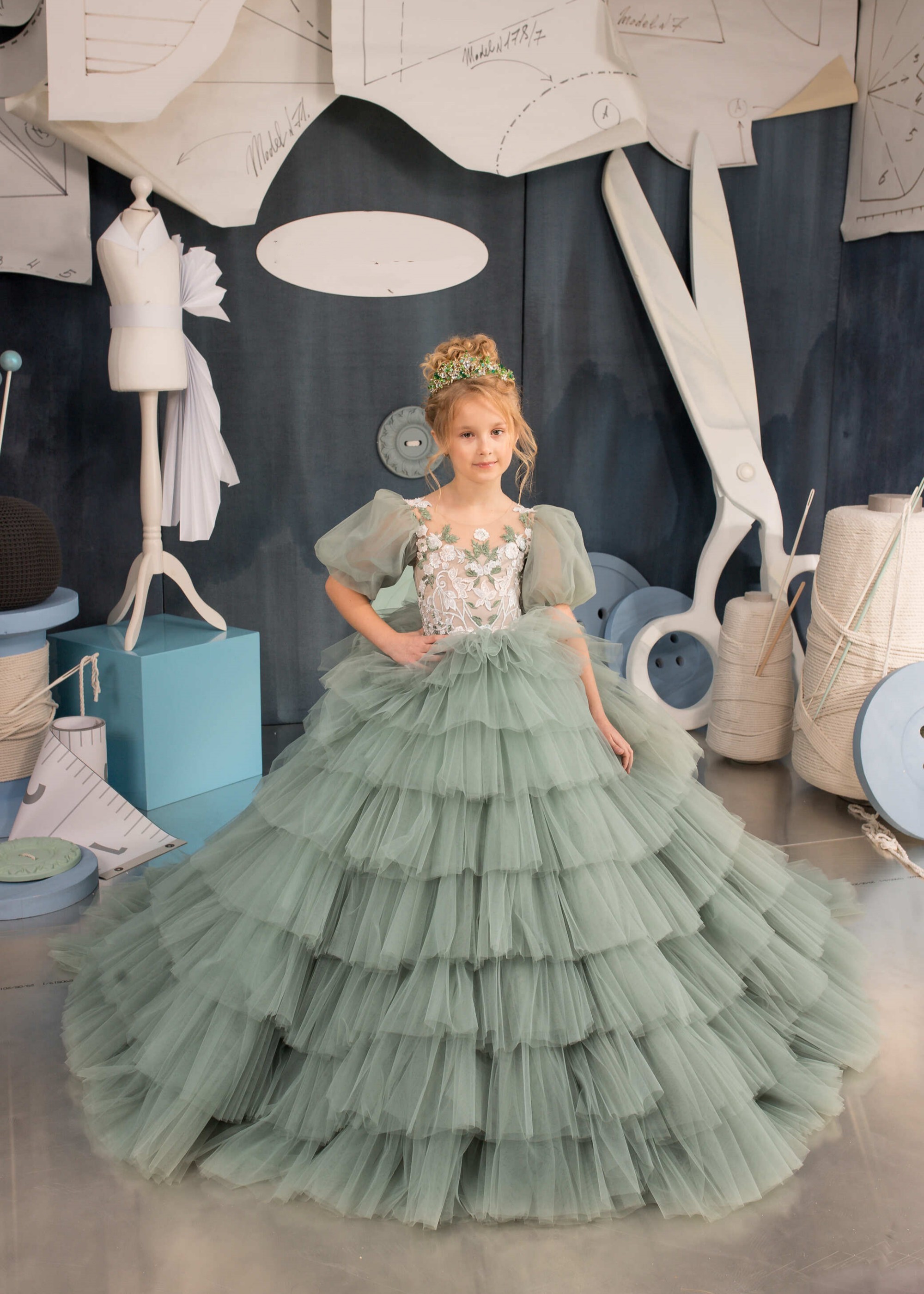 Dusty Green Floral Lace Pageant Dress/Girls Party Dress