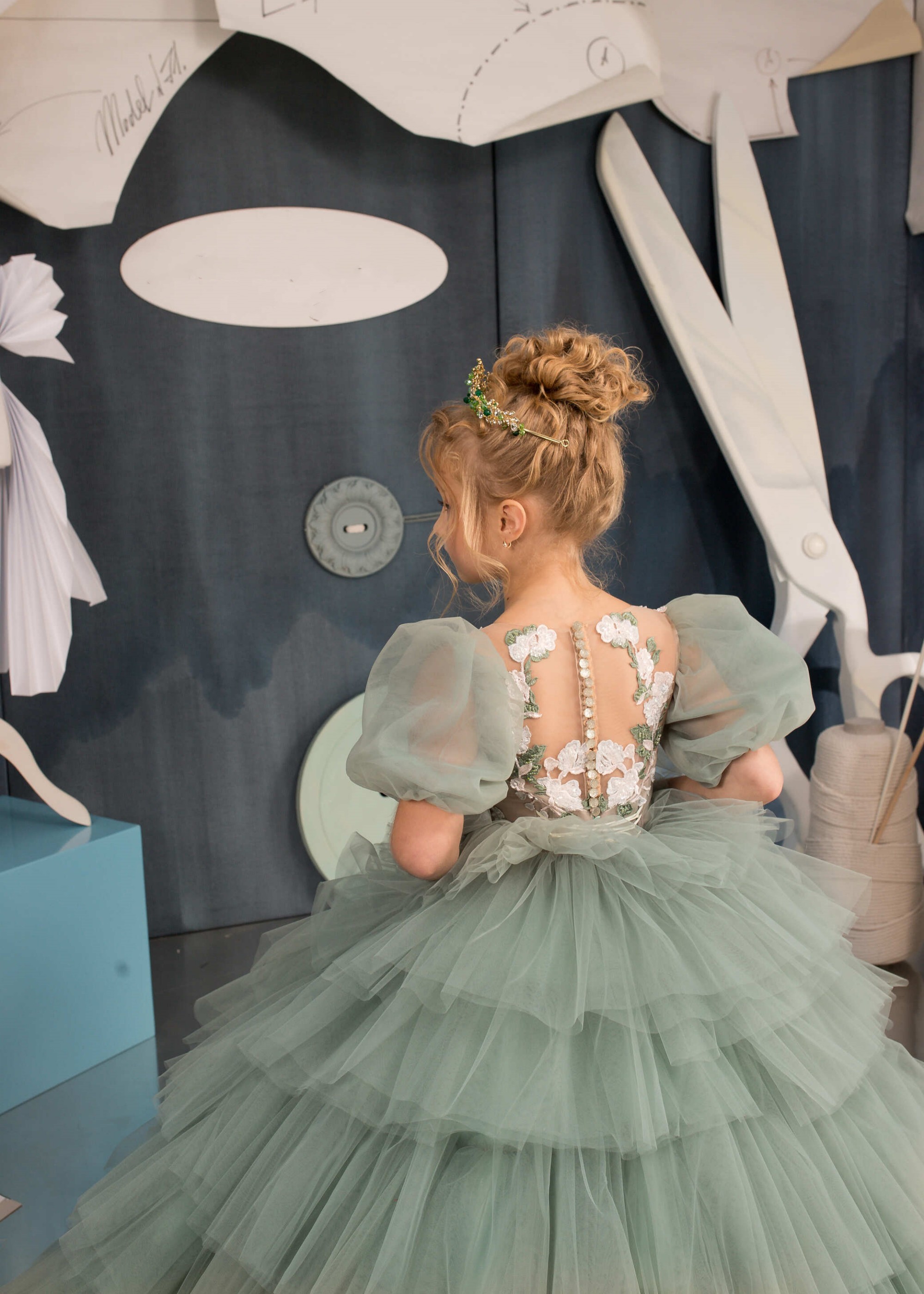 Dusty Green Floral Lace Pageant Dress/Girls Party Dress