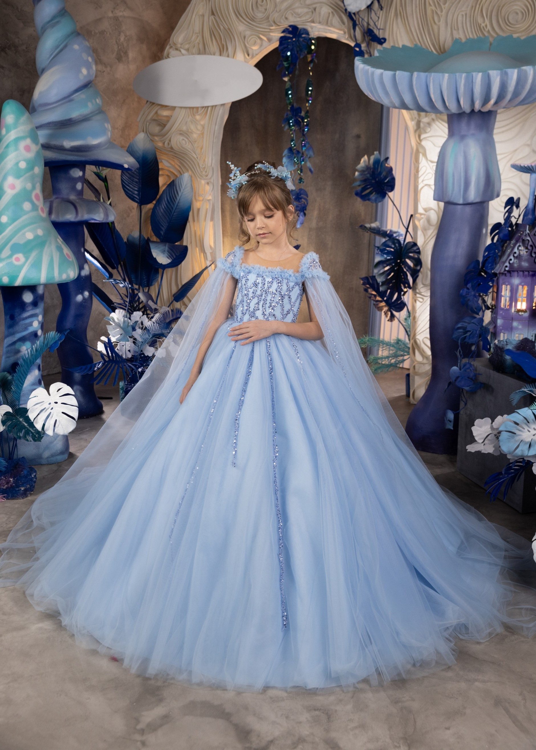 Blue Beaded Lace Pageant Dress/Girls Party Dress