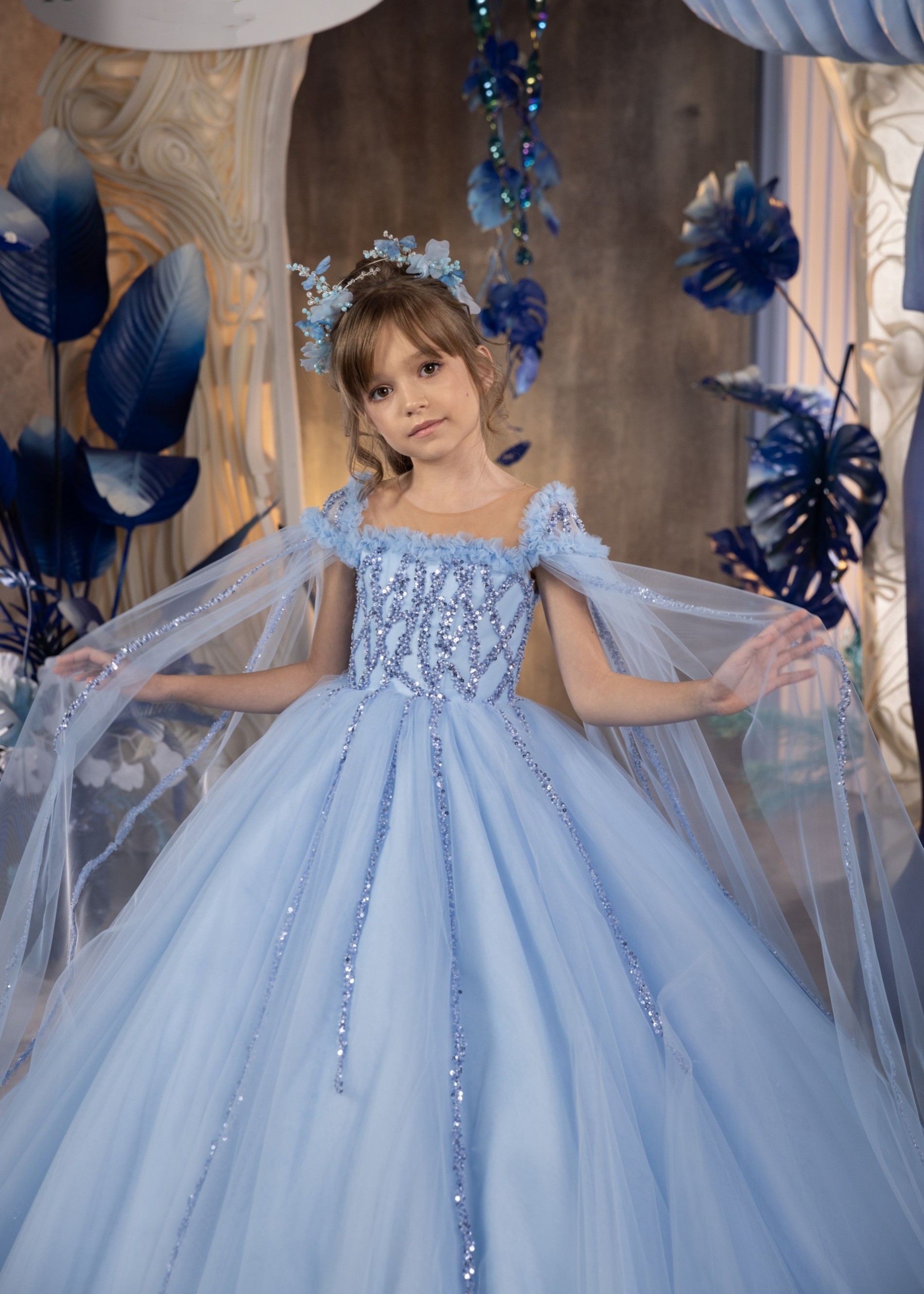 Blue Beaded Lace Pageant Dress/Girls Party Dress