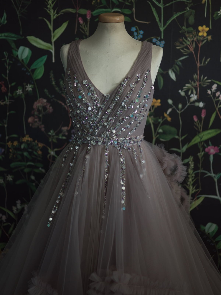 Grey Beaded Top  Photoshoot Dress/Prom Dress
