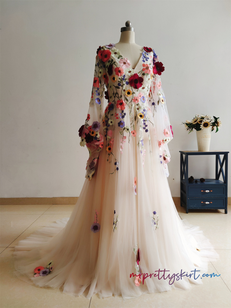 Light Champagne Floral Popular Wedding Dress