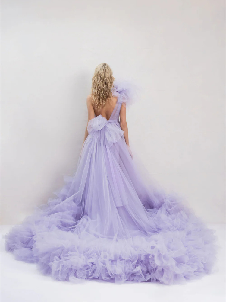 Purple Ruffled Long Train Photoshoot Dress