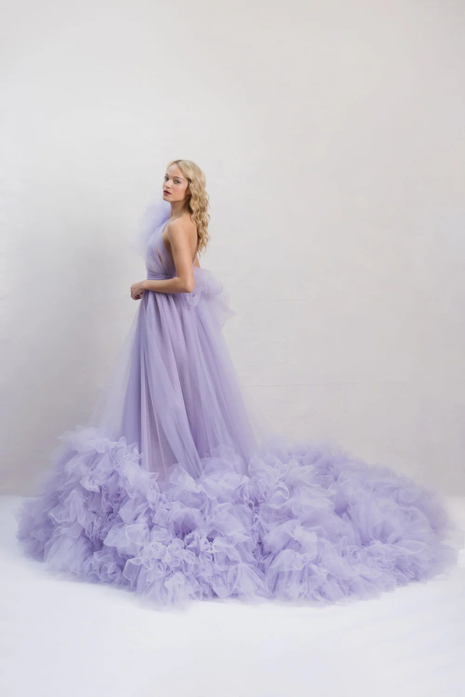 Purple Ruffled Long Train Photoshoot Dress