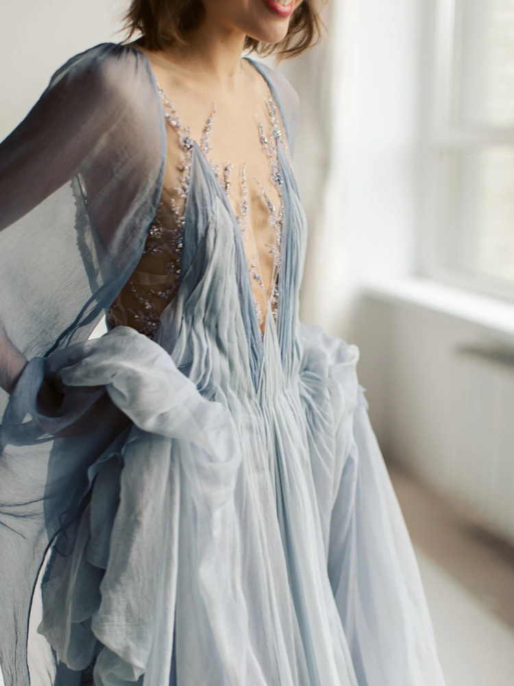 Dusty Blue Silk Chiffon Sexy Wedding Dress