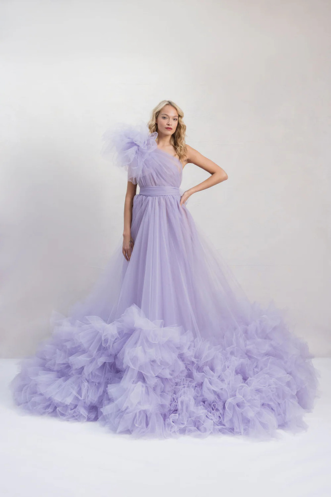 Purple Ruffled Long Train Photoshoot Dress