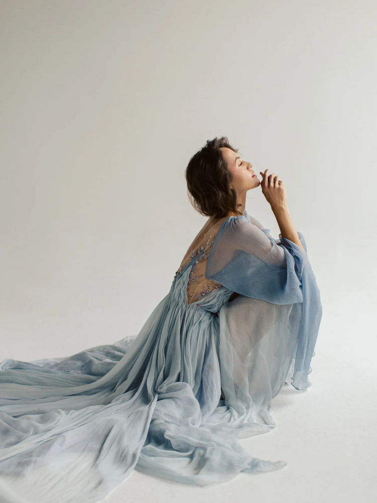 Dusty Blue Silk Chiffon Sexy Wedding Dress