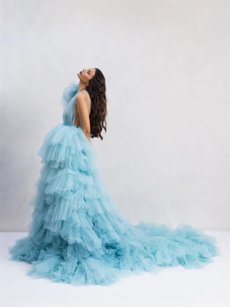 Tiffany Blue Long Train Photoshoot Dress