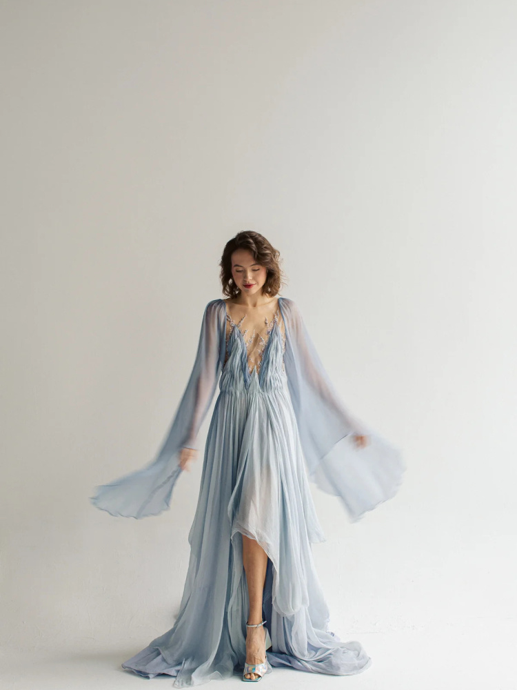 Dusty Blue Silk Chiffon Sexy Wedding Dress