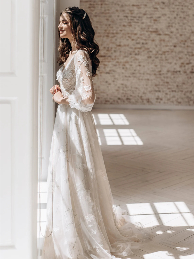 White  3D Lace Applique Bridal Dress