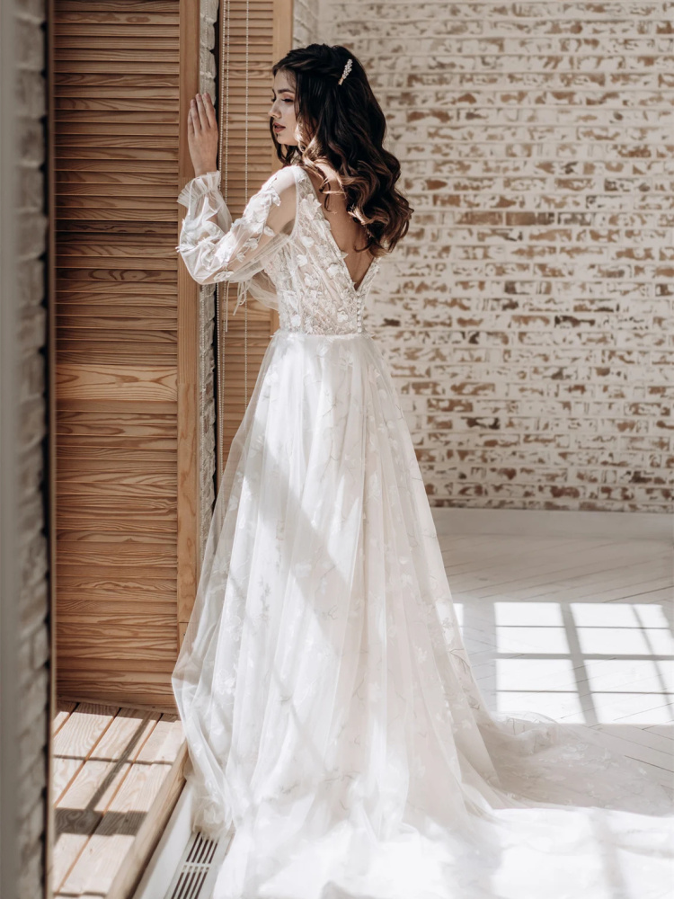 White  3D Lace Applique Bridal Dress