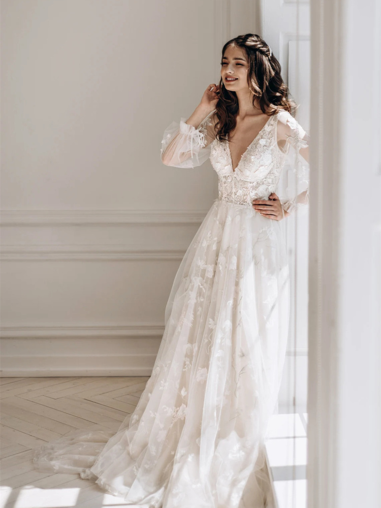 White  3D Lace Applique Bridal Dress