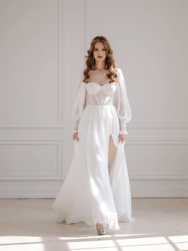 White Lace Chiffon Bridal Dress