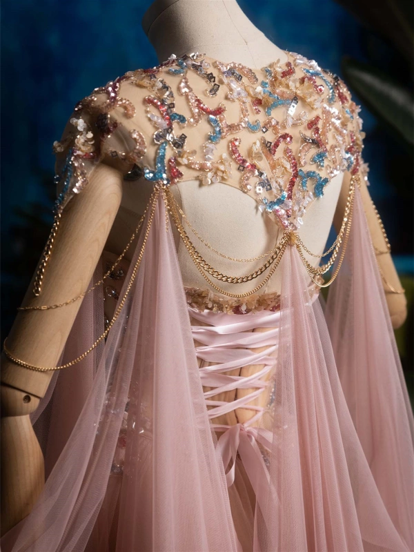 Beaded Lace Pink Prom Dress/Photo Shoot Dress