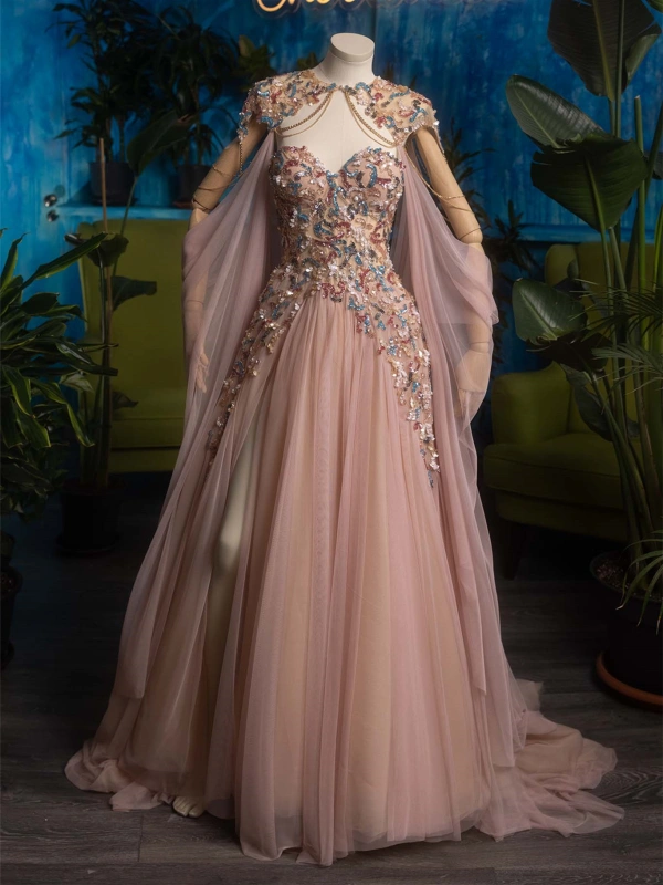 Beaded Lace Pink Prom Dress/Photo Shoot Dress