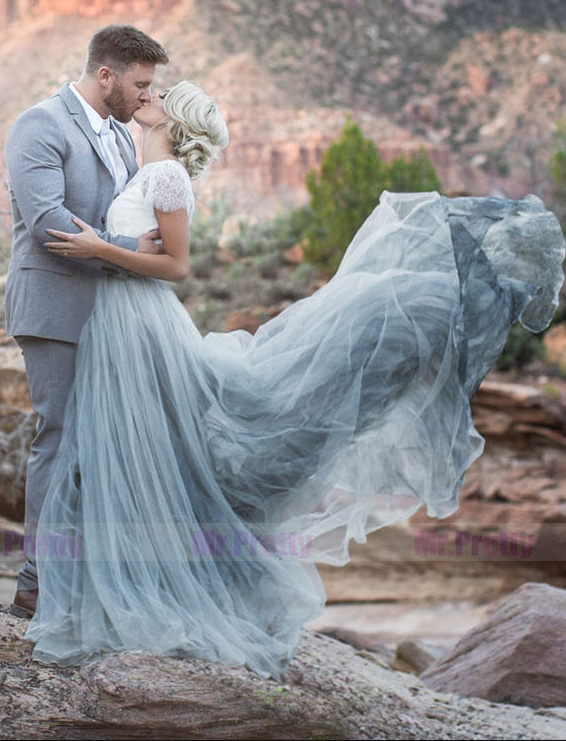 Blue Grey Long Tulle Bridal Skirt 2 Pieces Wedding Gown
