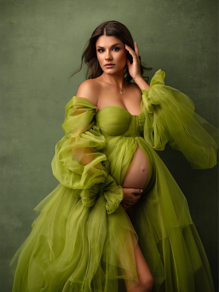 Green Ruffled Maternity Dress For Photoshoot