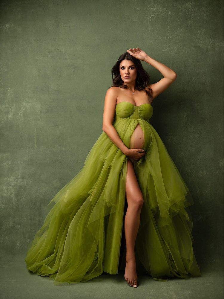 Green Ruffled Maternity Dress For Photoshoot