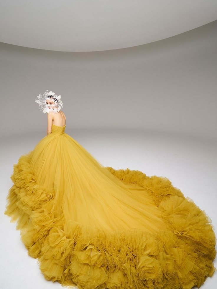 Yellow Long Train Ball Gown /Photo Shoot Dress