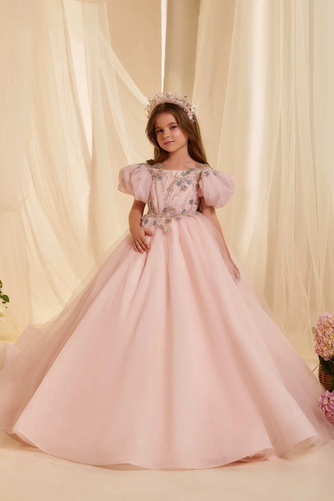 Pink Organza Beaded Girls Party Dress