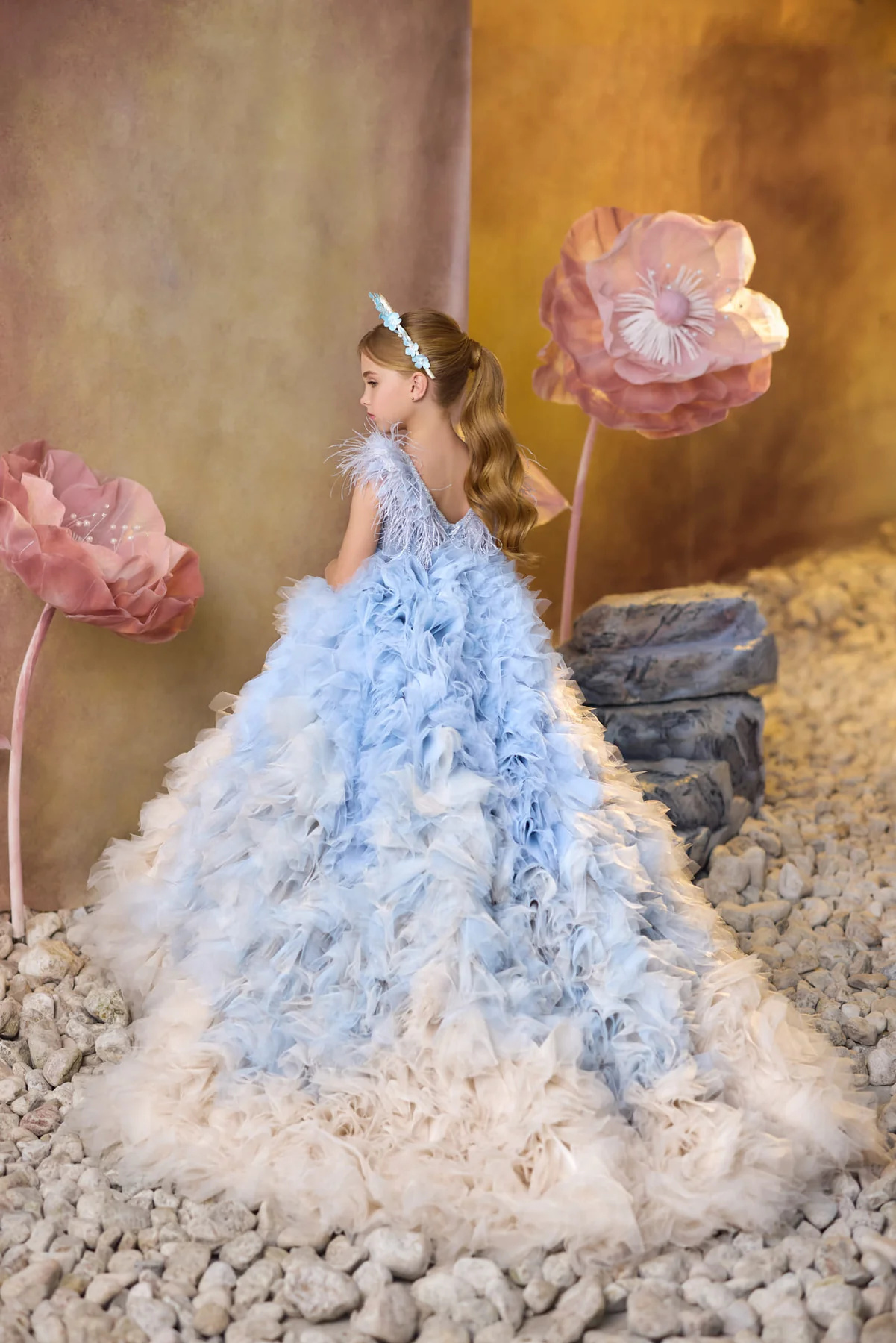 Blue Lace Ruffled Tulle Girls Party Dress