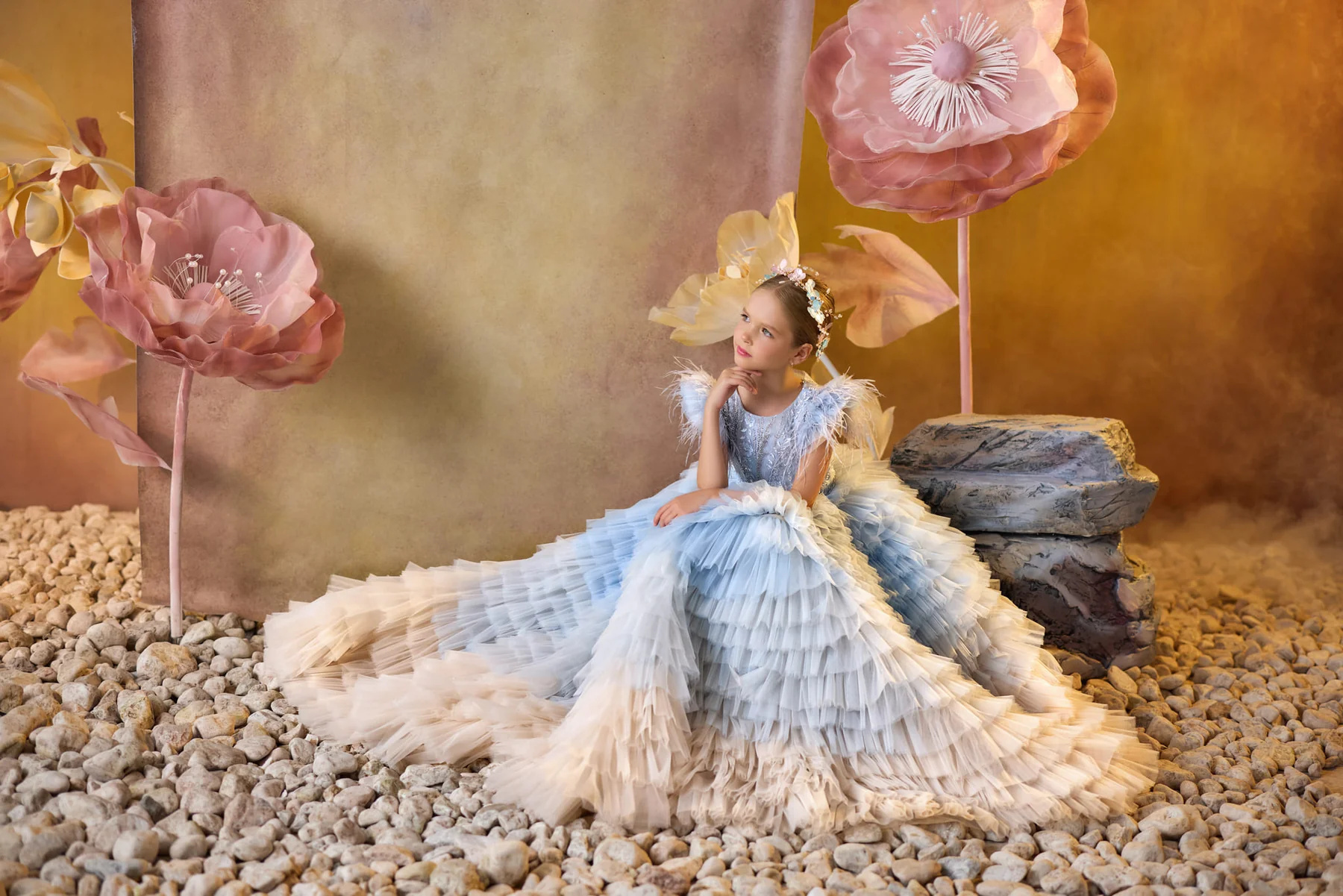 Blue Lace Ruffled Tulle Girls Party Dress