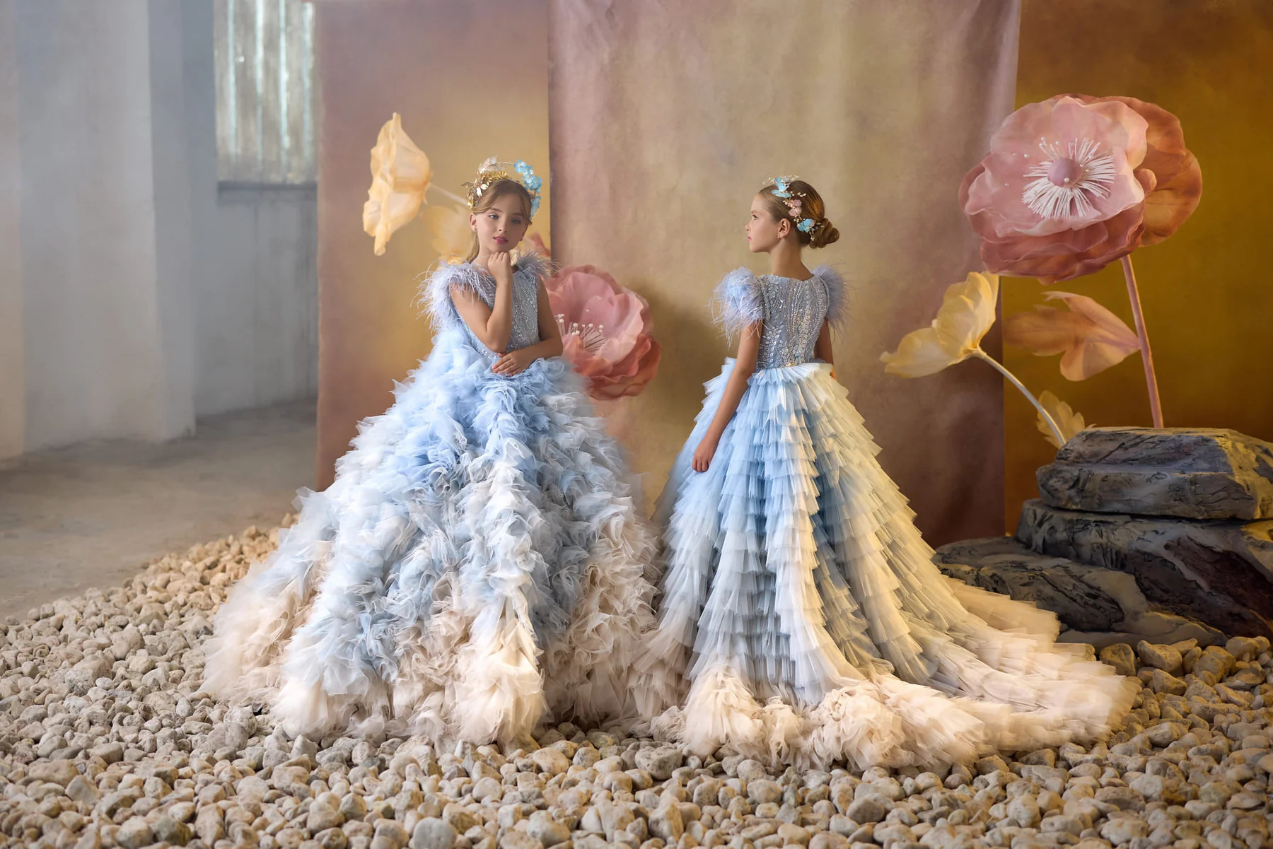 Blue Lace Ruffled Tulle Girls Party Dress