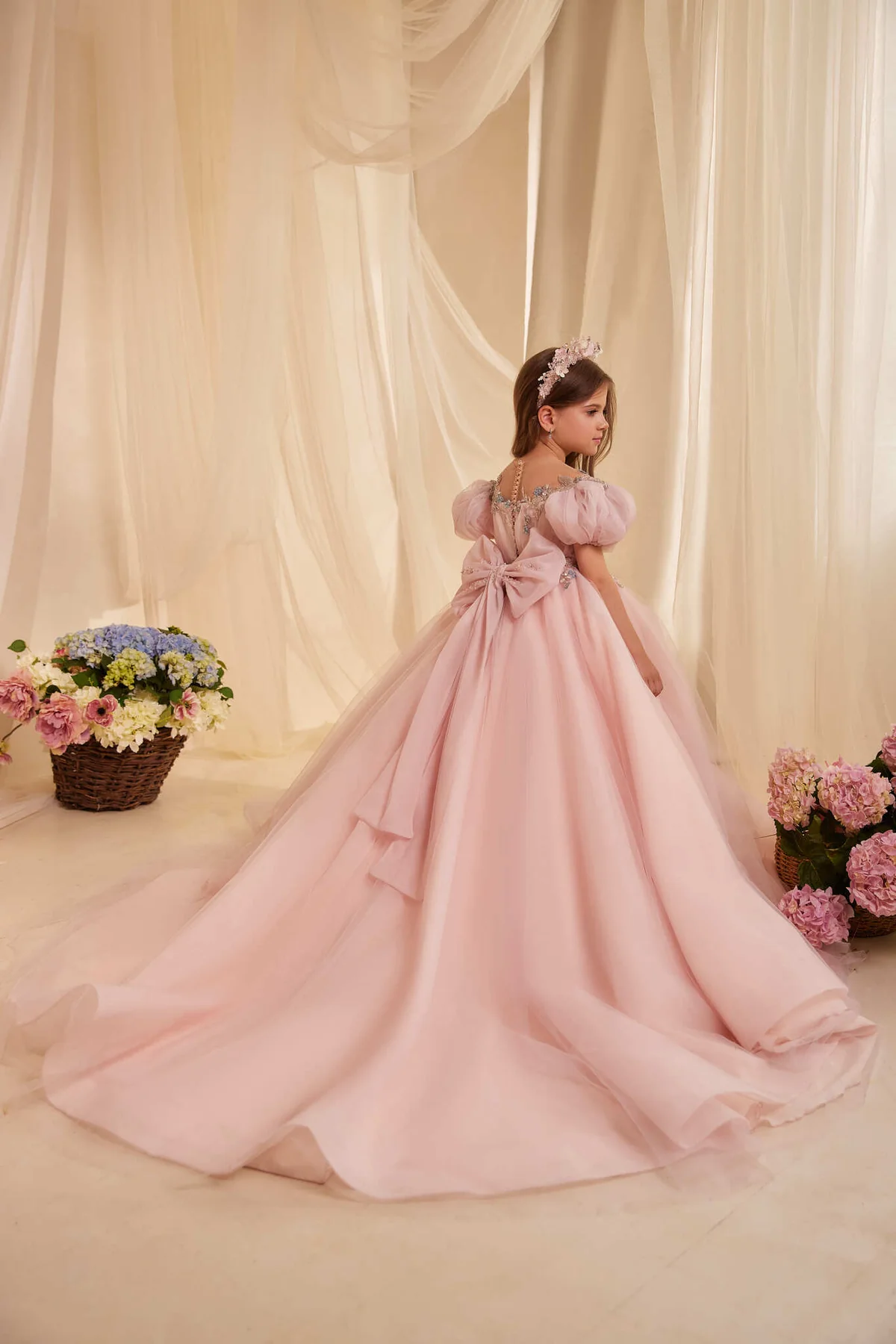 Pink Organza Beaded Girls Party Dress