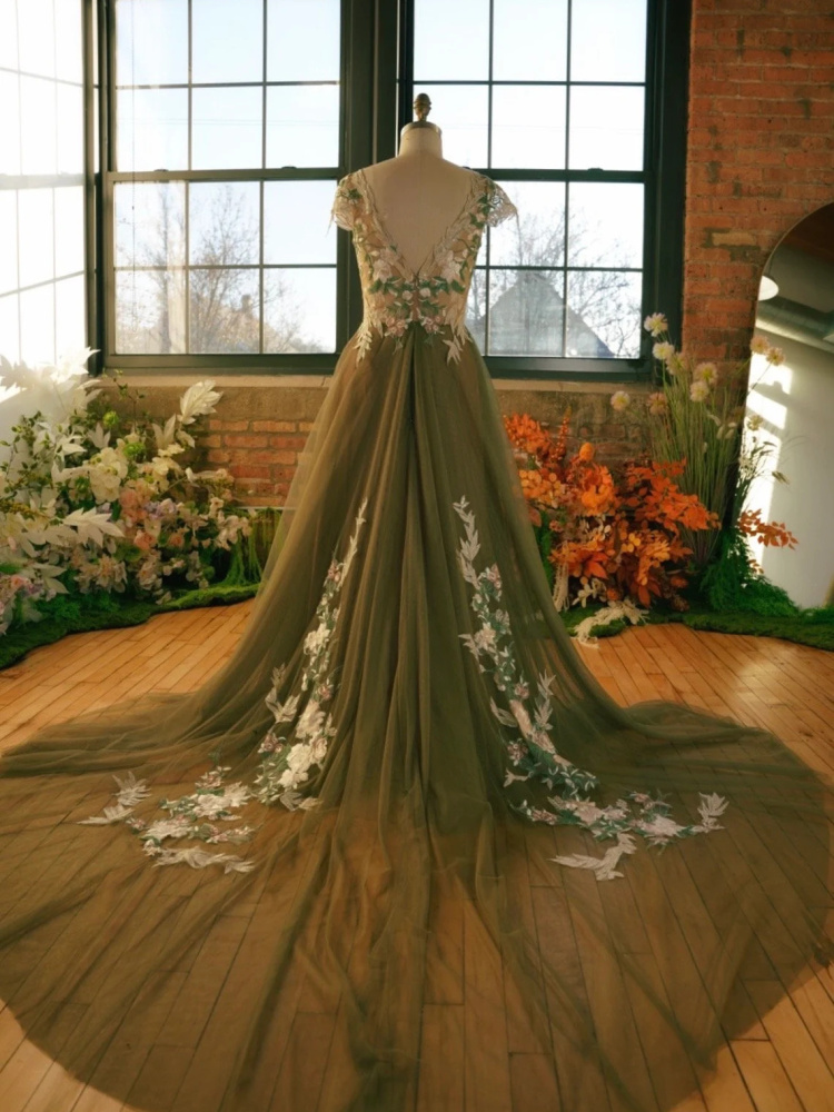 Floral Lace Applique Ivory Bridal Dress