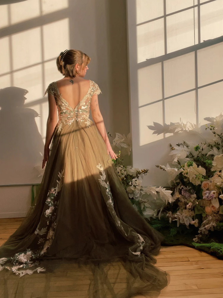 Floral Lace Applique Ivory Bridal Dress