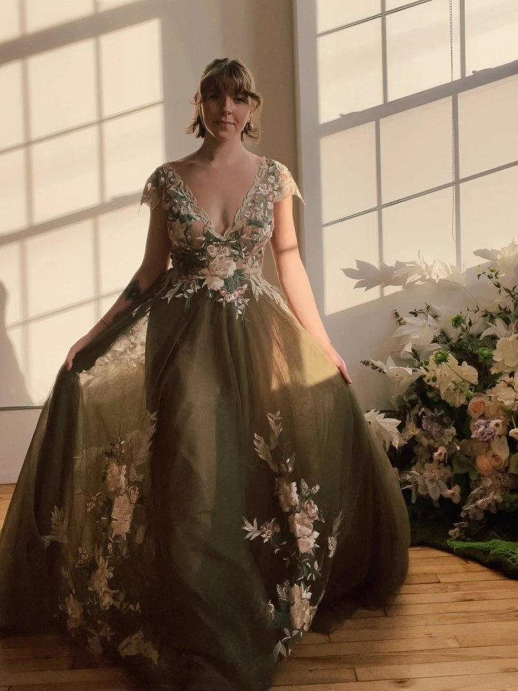 Floral Lace Applique Ivory Bridal Dress