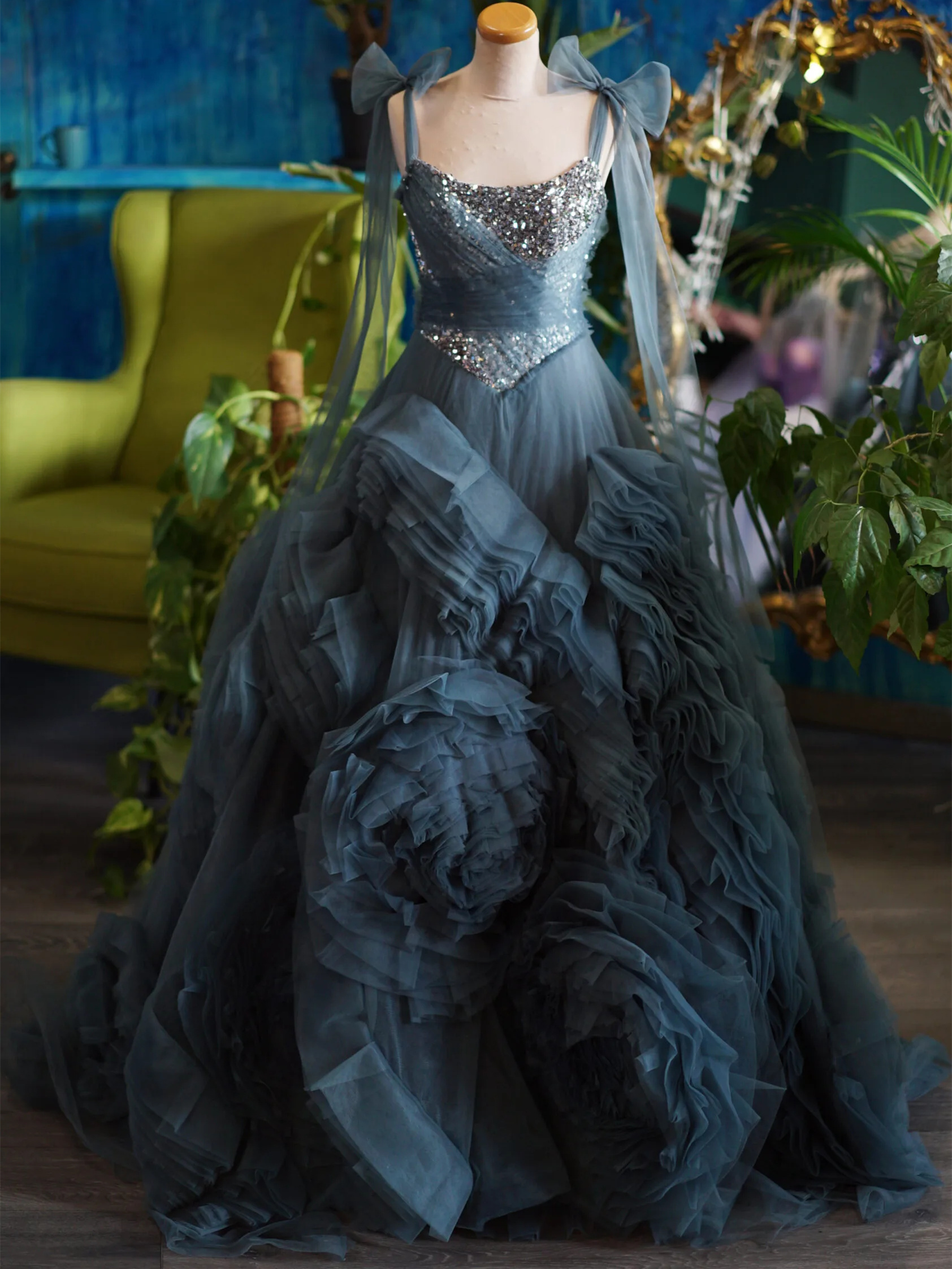 Dusty Blue Flowers Photoshoot Dress/Prom Dress