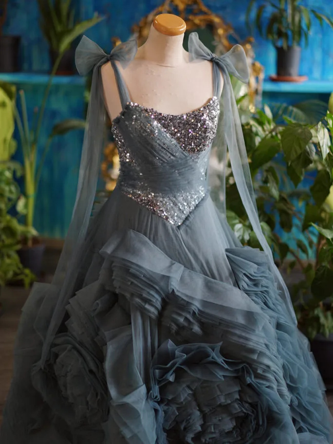 Dusty Blue Flowers Photoshoot Dress/Prom Dress